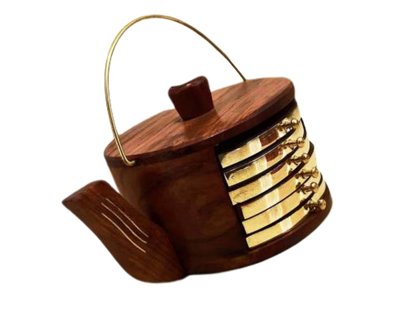 Cloud Net India Round Wood, Metal Coaster Set