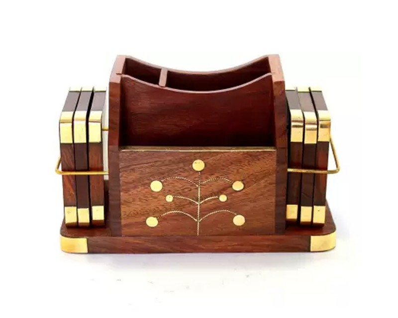 Wooden pen holder with six coaster plate